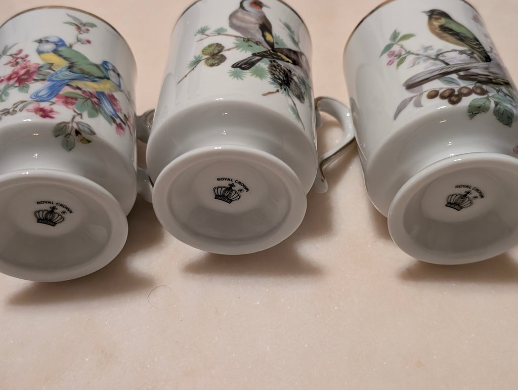 Royal Crown Japan Bird Pedestal Coffee Tea Mugs (3) Gold Trim Porcelain