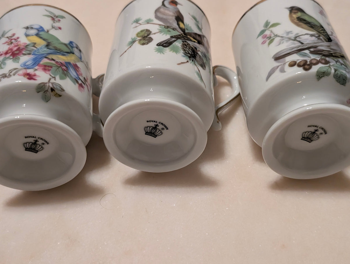 Royal Crown Japan Bird Pedestal Coffee Tea Mugs (3) Gold Trim Porcelain