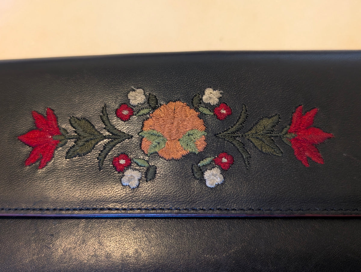 Adrienne Vittadini Black Leather Embroidered Floral Checkbook Wallet Clutch