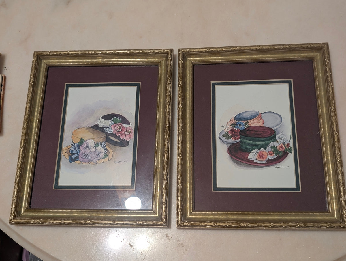 Vintage Peggy Abrams Framed Art Print Set – Victorian Hats & Floral Decor