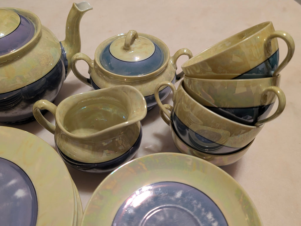 MZ Altrohlau CMR Czechoslovakia 20-Piece Lustreware Tea Set Blue Green Iridescen