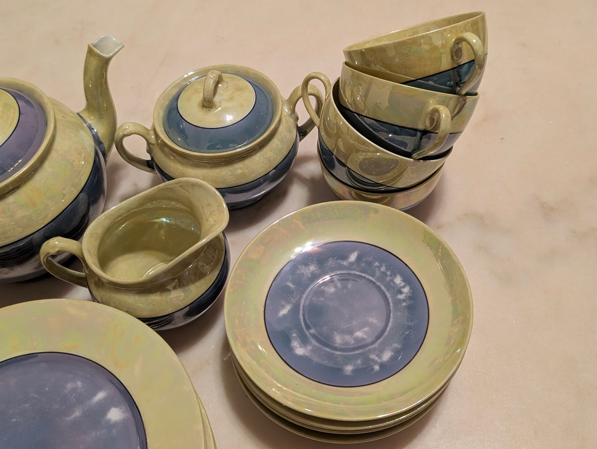 MZ Altrohlau CMR Czechoslovakia 20-Piece Lustreware Tea Set Blue Green Iridescen