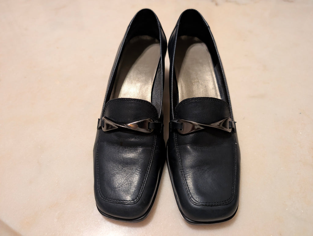 Black Leather Comfort Loafers Square Toe Block Heel Women's Size 6