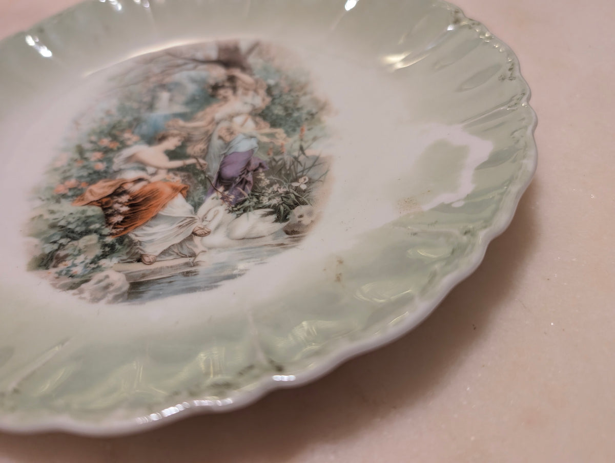 Antique German Porcelain Decorative Bowl Scalloped Green Border Romantic Scene