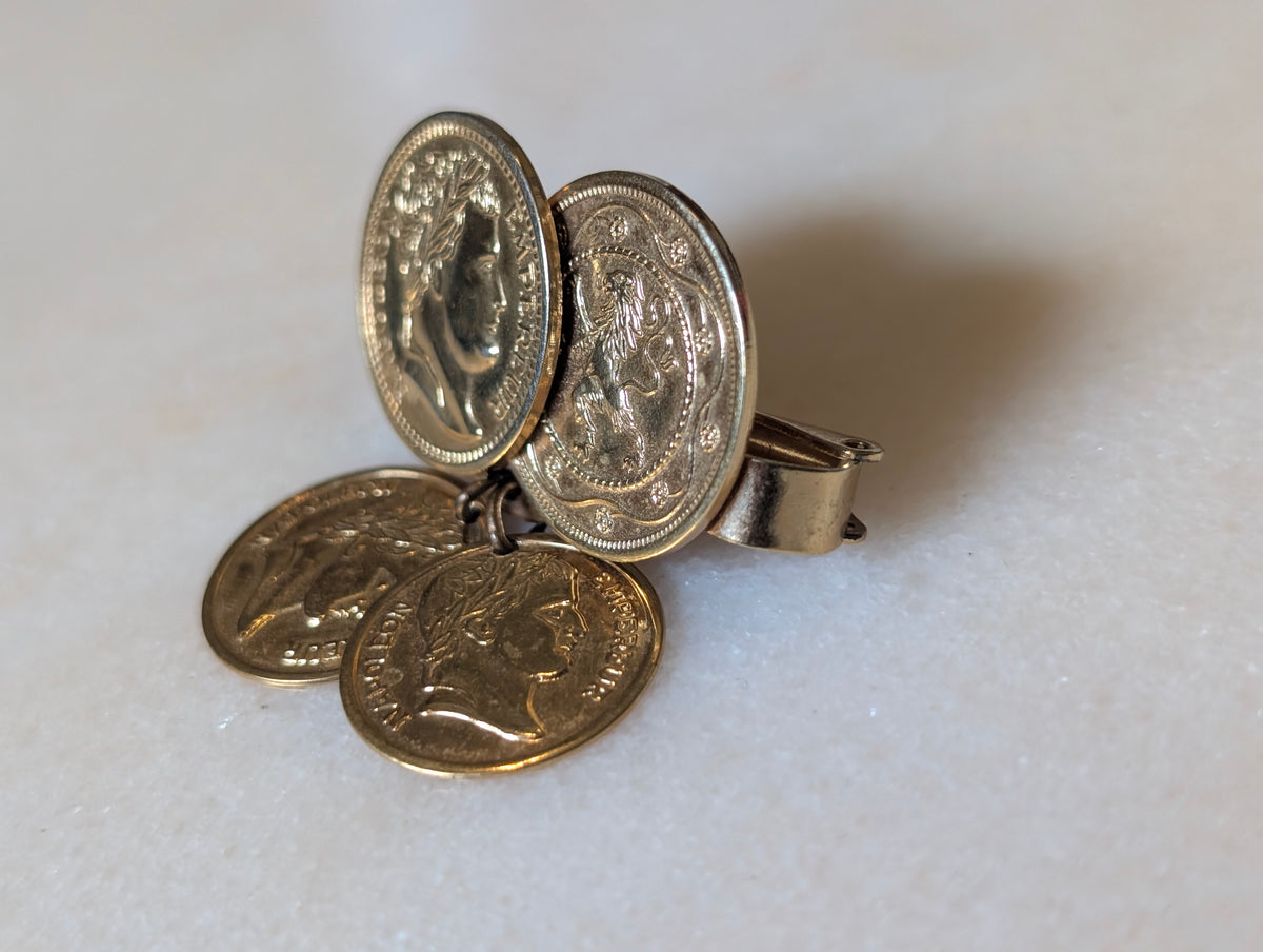 Vintage Sarah Coventry Coin Clip Earrings Gold Tone Napoleon French Coin Design
