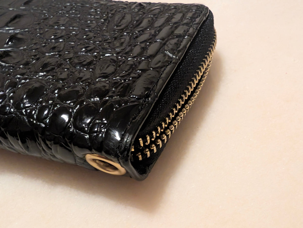 Brahmin Black Melbourne Croc Embossed Leather Zip Around Wallet Purse