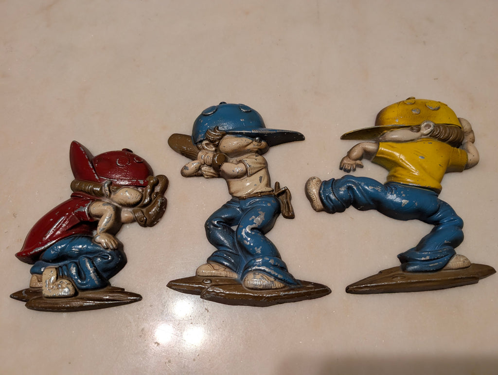 Vintage Sexton Cast Aluminum Baseball Wall Plaques (3) Catcher, Batter, Runner