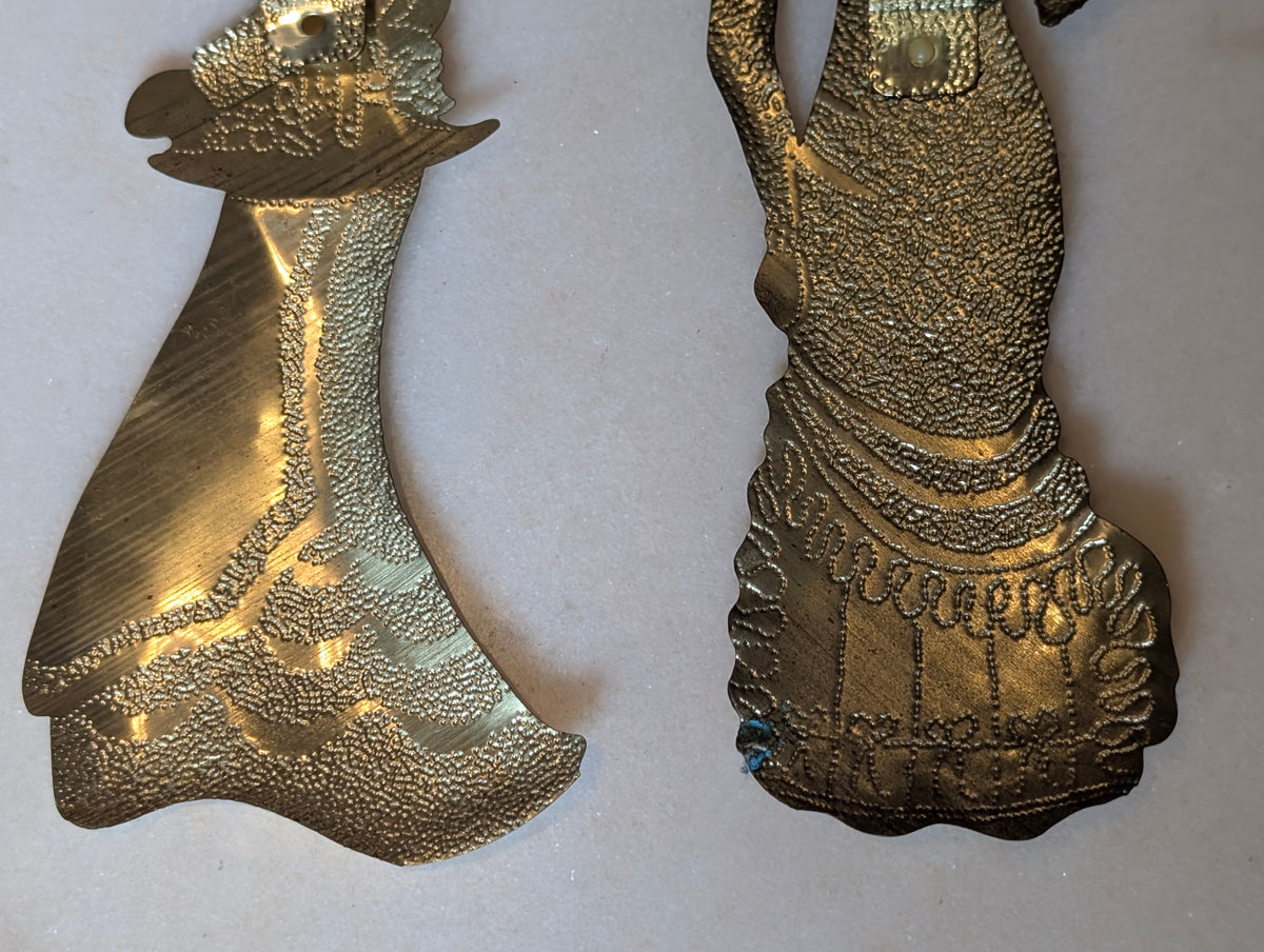 Vintage Brass Victorian Ladies Wall Plaques Pair Umbrella Parasol Hollywood Rege