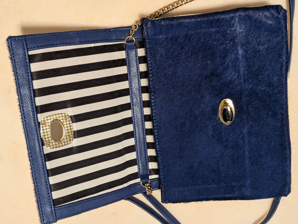 Gianni Bini Royal Blue Genuine Cowhair Leather Clutch Crossbody Bag Gold