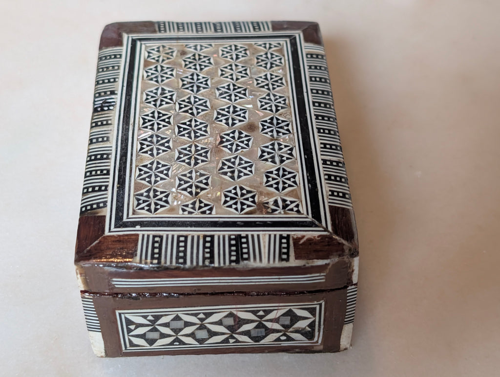 Syrian Style Mother of Pearl Inlay Wood Jewelry Trinket Box Red Velvet Lined
