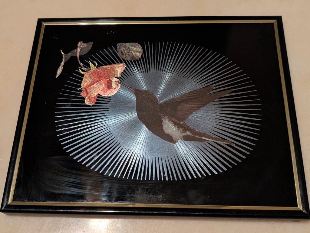 Vintage Kafka Industries #4368 Hummingbird & Rose 3D Foil Wall Art Framed Made in USA