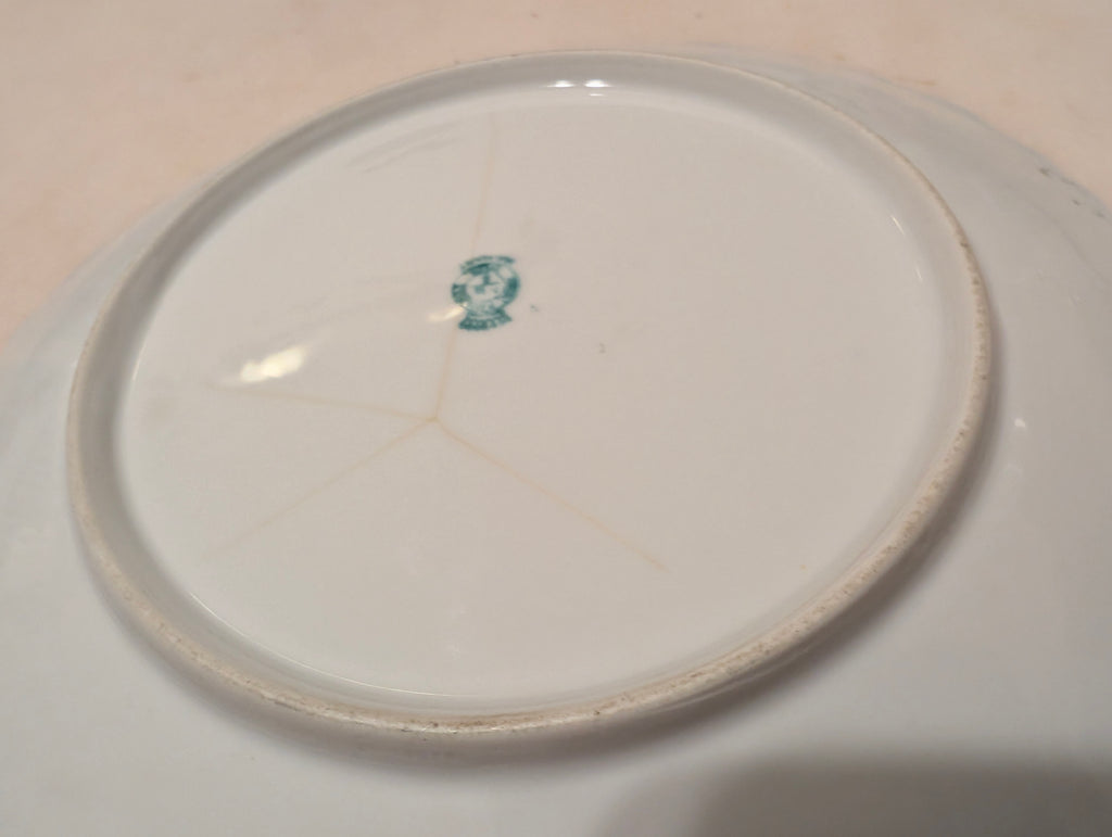Antique German Porcelain Decorative Bowl Scalloped Green Border Romantic Scene