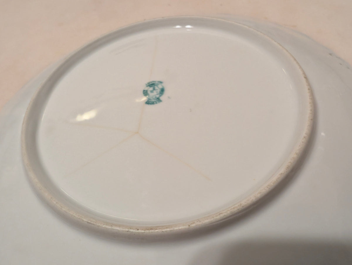 Antique German Porcelain Decorative Bowl Scalloped Green Border Romantic Scene