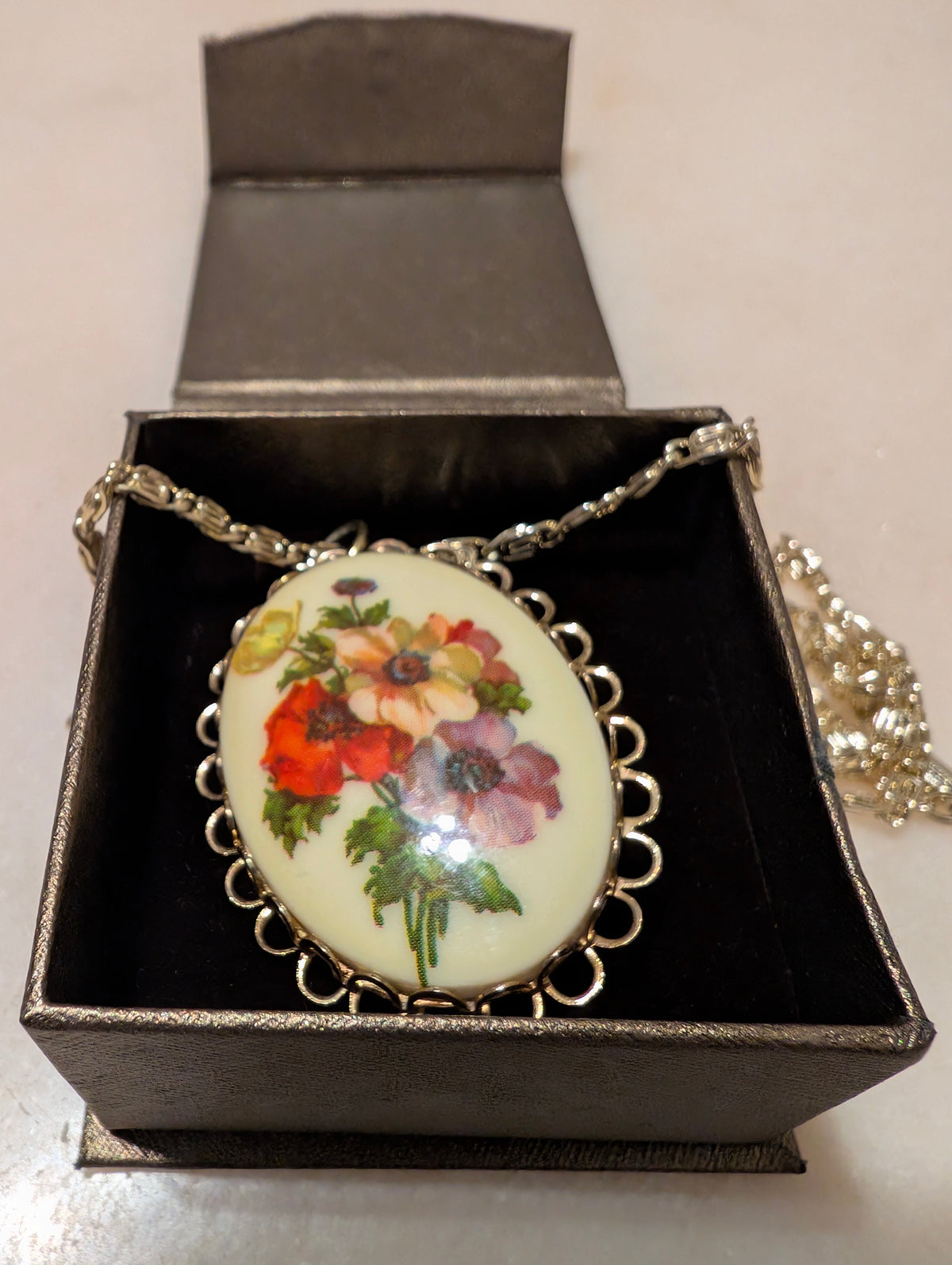 Vintage German Floral Cameo Pendant Necklace & Brooch