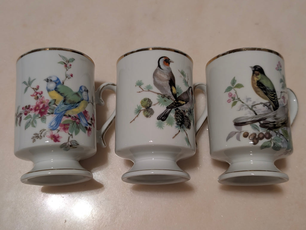 Royal Crown Japan Bird Pedestal Coffee Tea Mugs (3) Gold Trim Porcelain