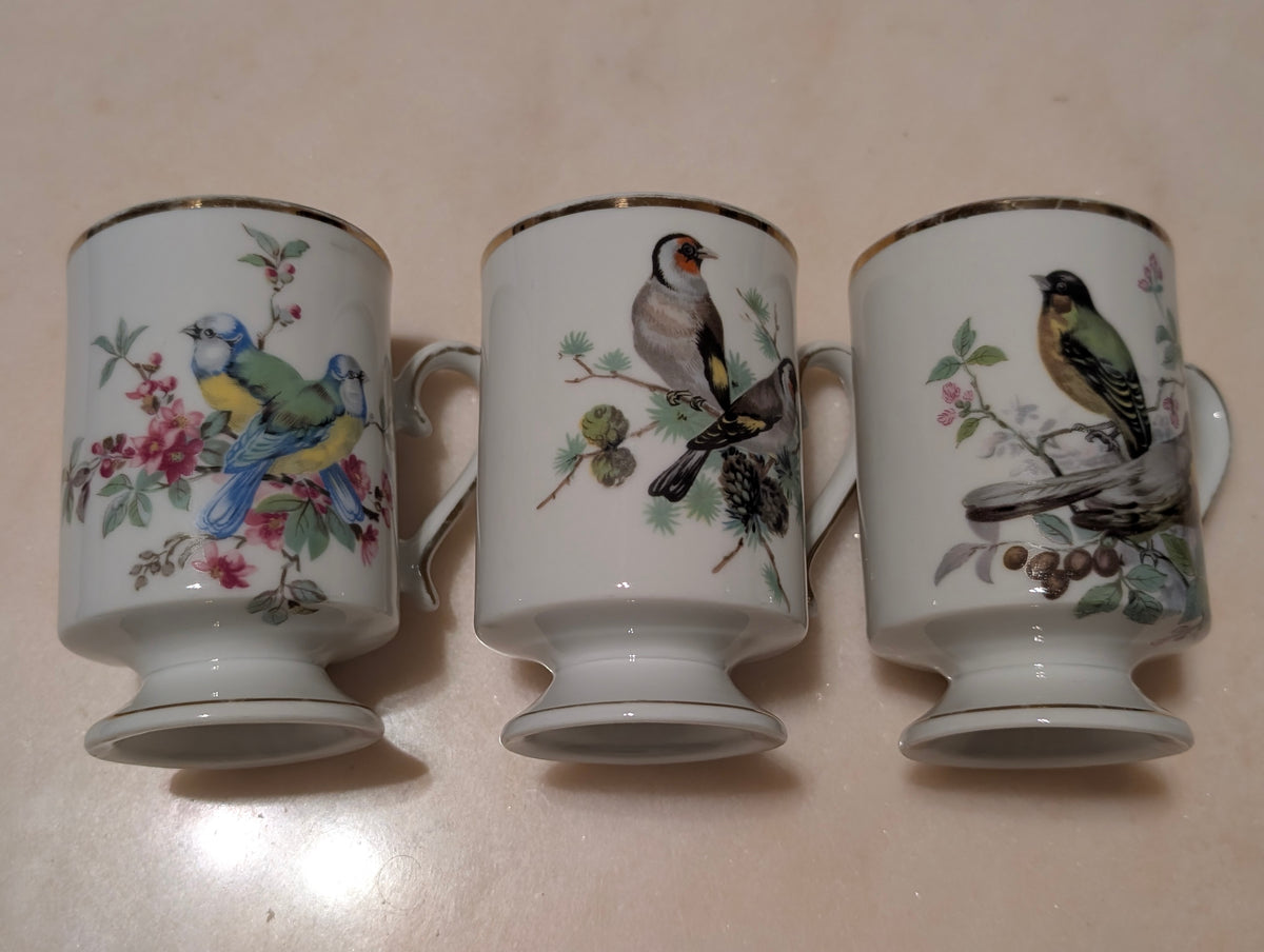 Royal Crown Japan Bird Pedestal Coffee Tea Mugs (3) Gold Trim Porcelain