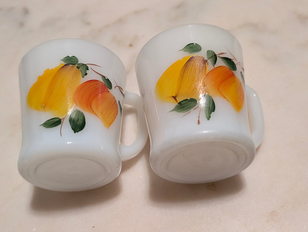 Anchor Hocking Fire-King Milk Glass Coffee Mugs Hand Painted Floral Set (2)
