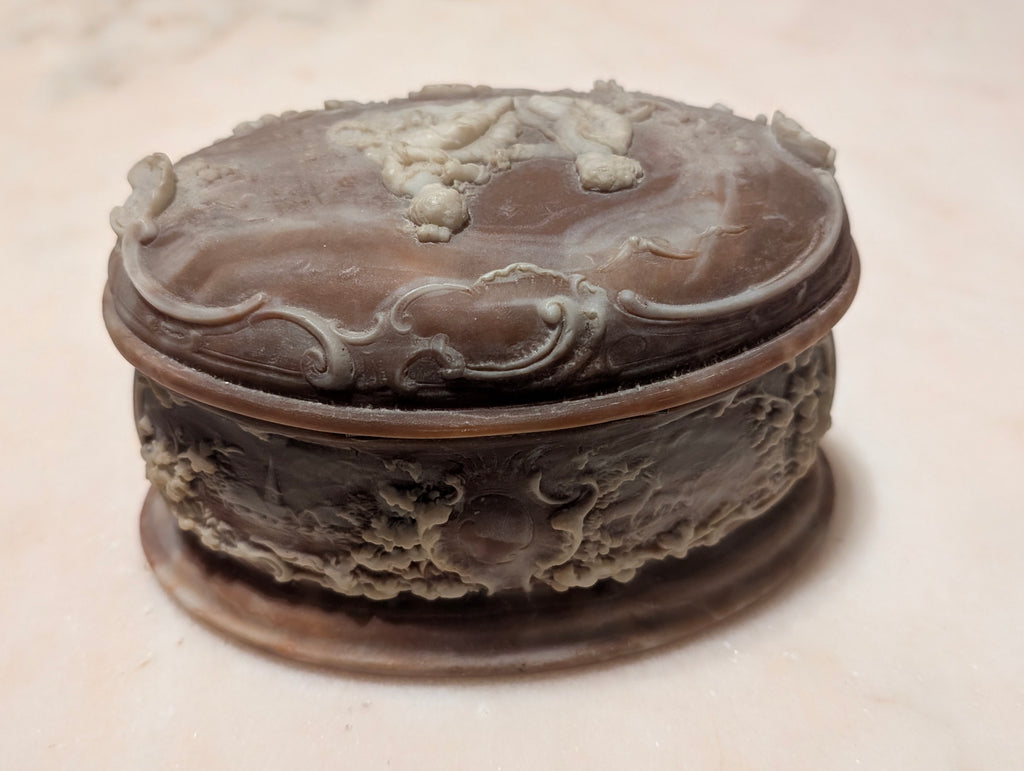 Vintage Genuine Incolay Stone Oval Jewelry Trinket Box Hinged Lid Handcrafted USA Cherubs