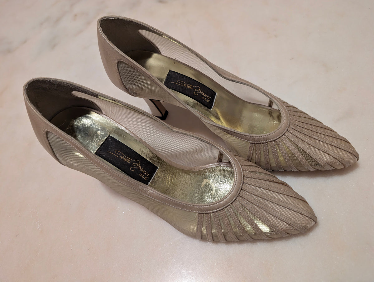 Sesto Meucci Mesh and Leather, Champagne Gold Heel Pumps (size 6 ）made in spain