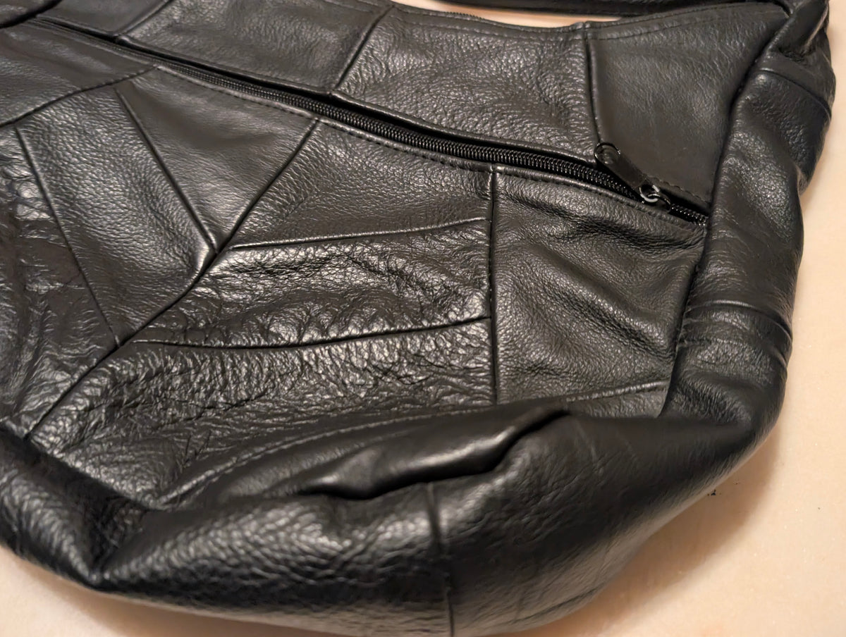 Leather Black Patchwork Shoulder Bag Soft Leather, Made in Mexico