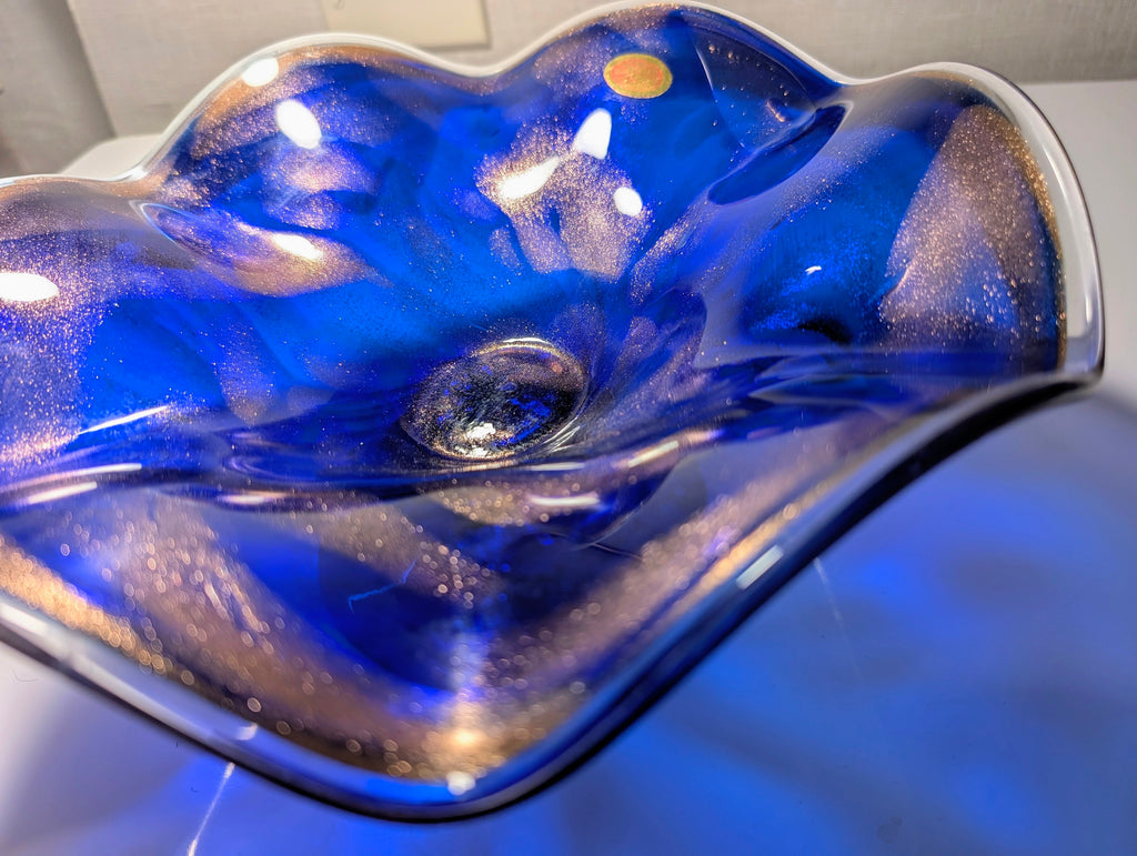 Murano Made in Italy Cobalt Blue Art Glass Pedestal Bowl Centerpiece