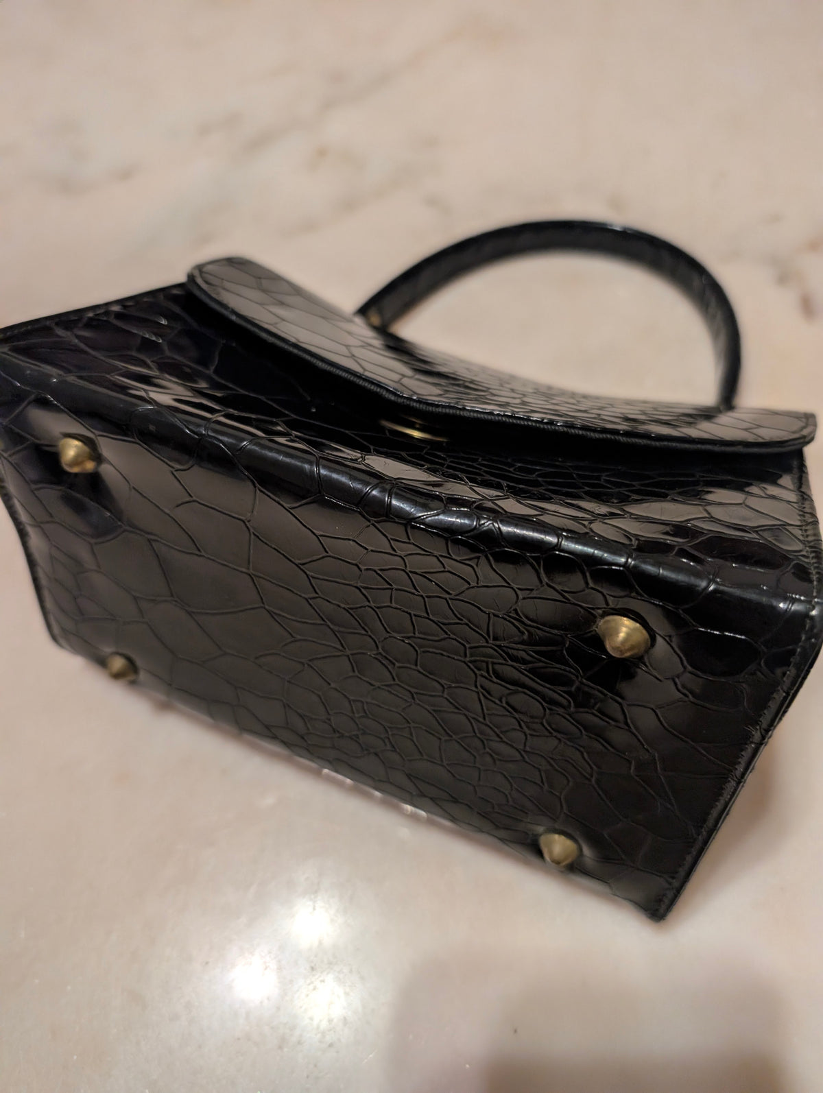 Black Patent Reptile Embossed Top Handle Handbag Mid Century Purse Retro
