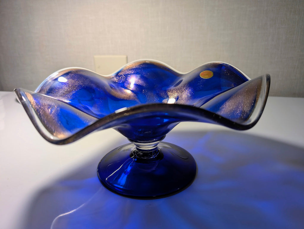 Murano Made in Italy Cobalt Blue Art Glass Pedestal Bowl Centerpiece