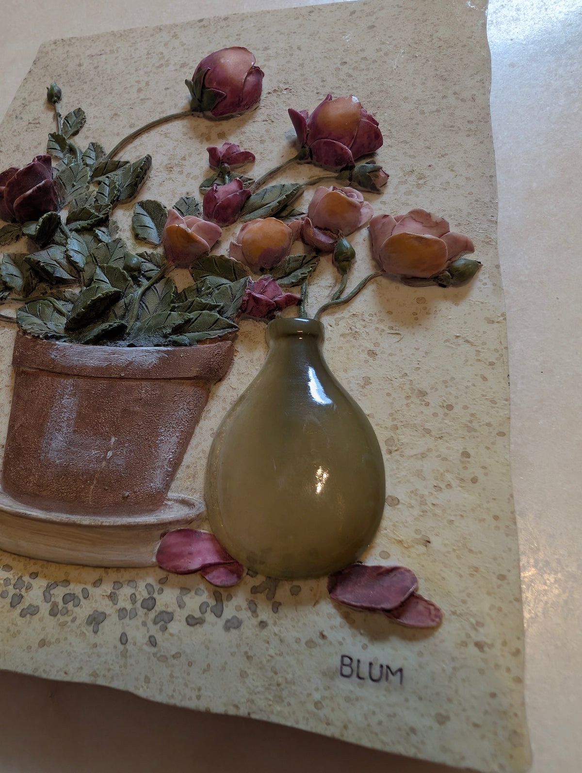 Vintage 3D Floral Wall Plaque – BLUM – Raised Rose Relief Wall Hanging