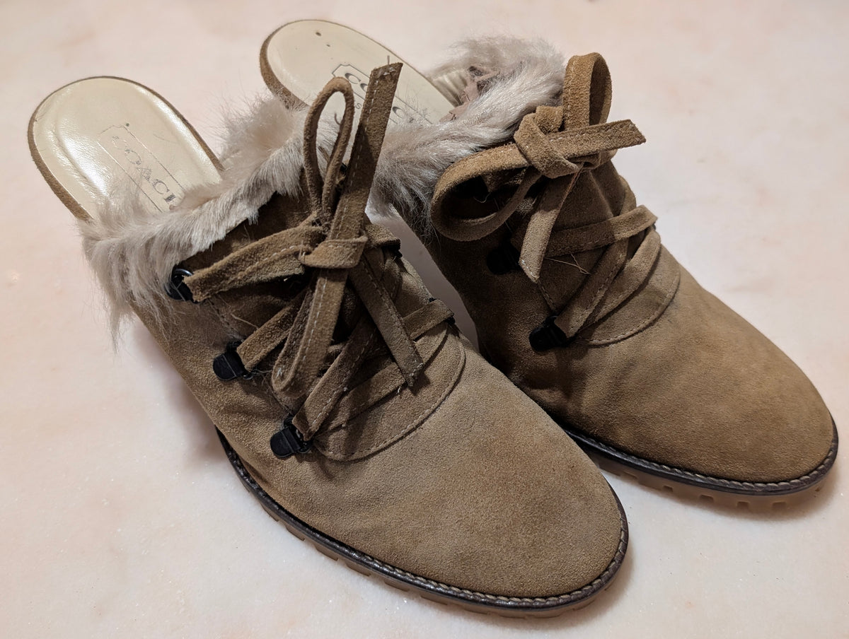 Coach Krisly Suede Leather Lace-Up Mule Heels Women's Size 10B Made in Italy