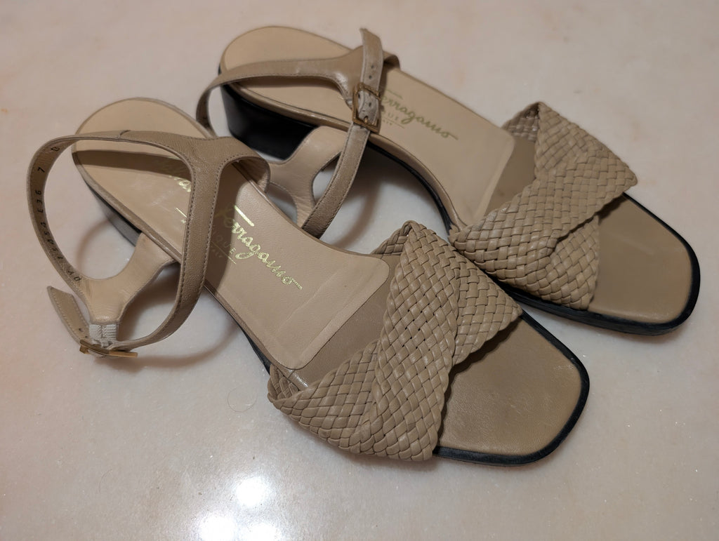 Salvatore Ferragamo Woven Leather Sandals Beige Italy Size 7B