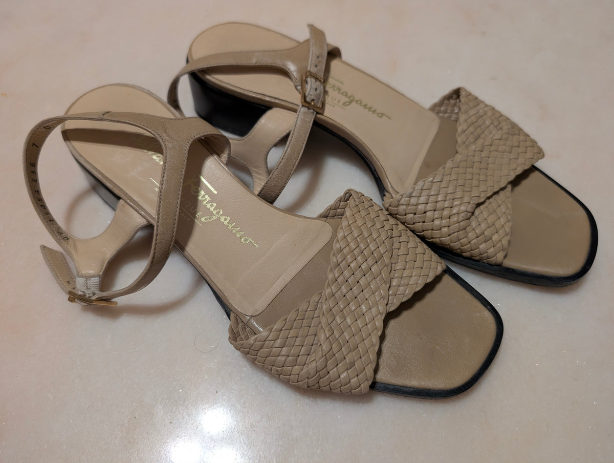 Salvatore Ferragamo Woven Leather Sandals Beige Italy Size 7B