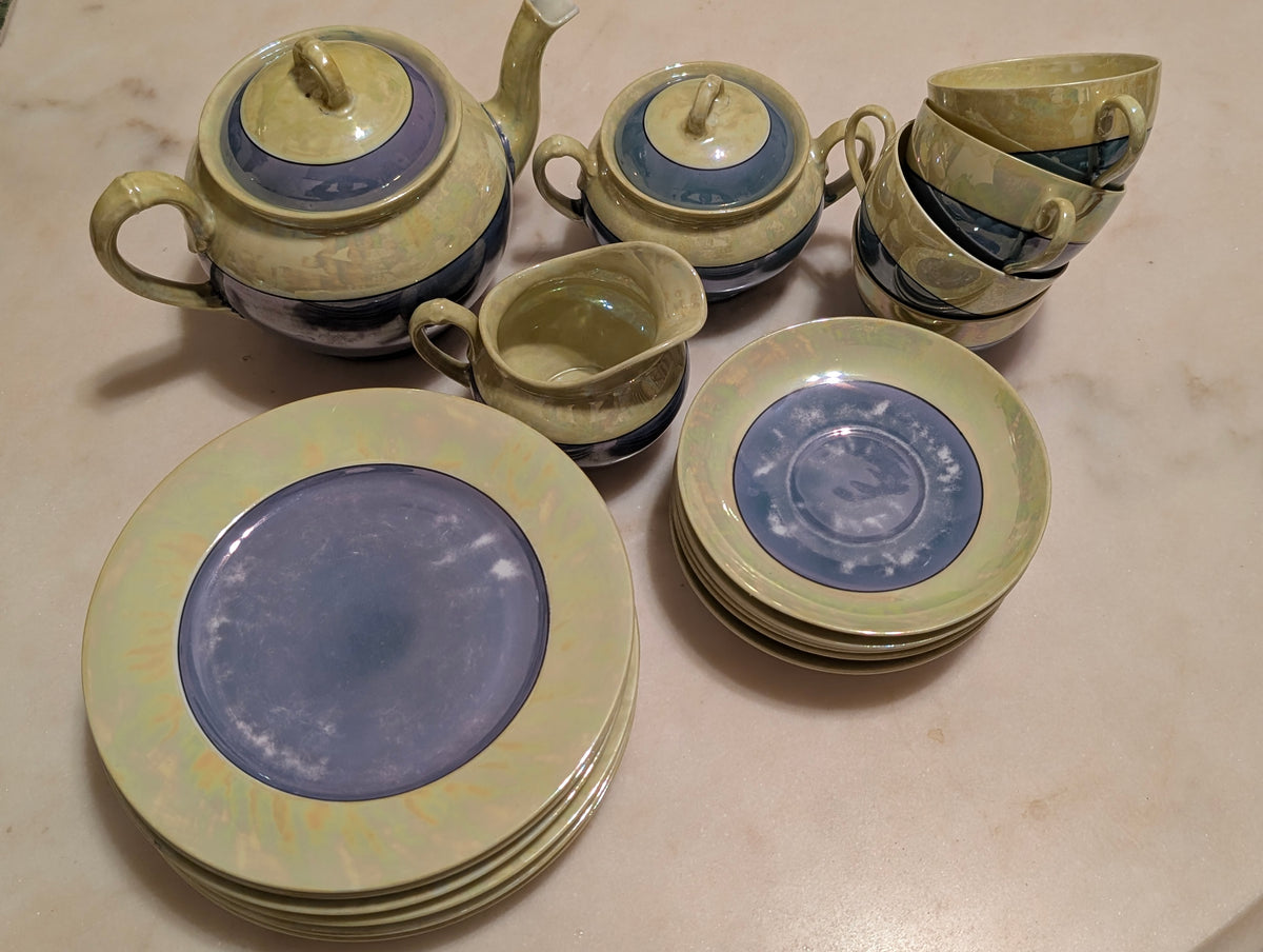 MZ Altrohlau CMR Czechoslovakia 20-Piece Lustreware Tea Set Blue Green Iridescen