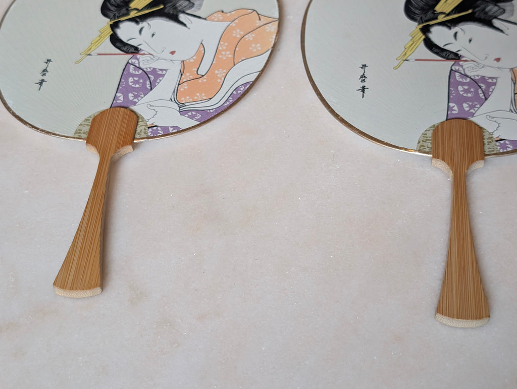 Vintage Japanese Uchiwa Bamboo Hand Fans Pair Geisha Bijin Utamaro Style