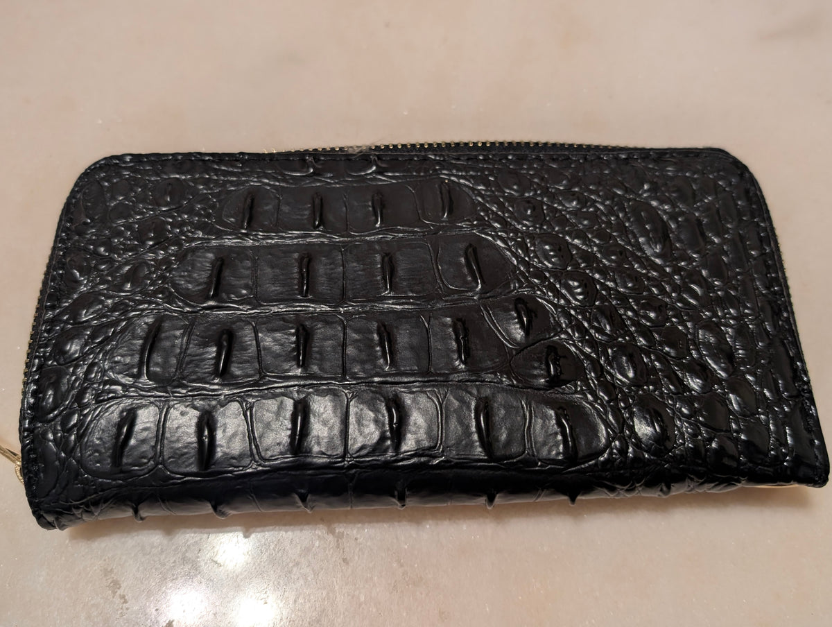 Brahmin Black Melbourne Croc Embossed Leather Zip Around Wallet Purse