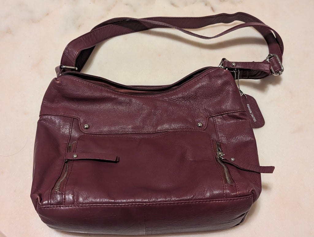 Burgundy Leather Shoulder Bag – Multiple Zip Pockets