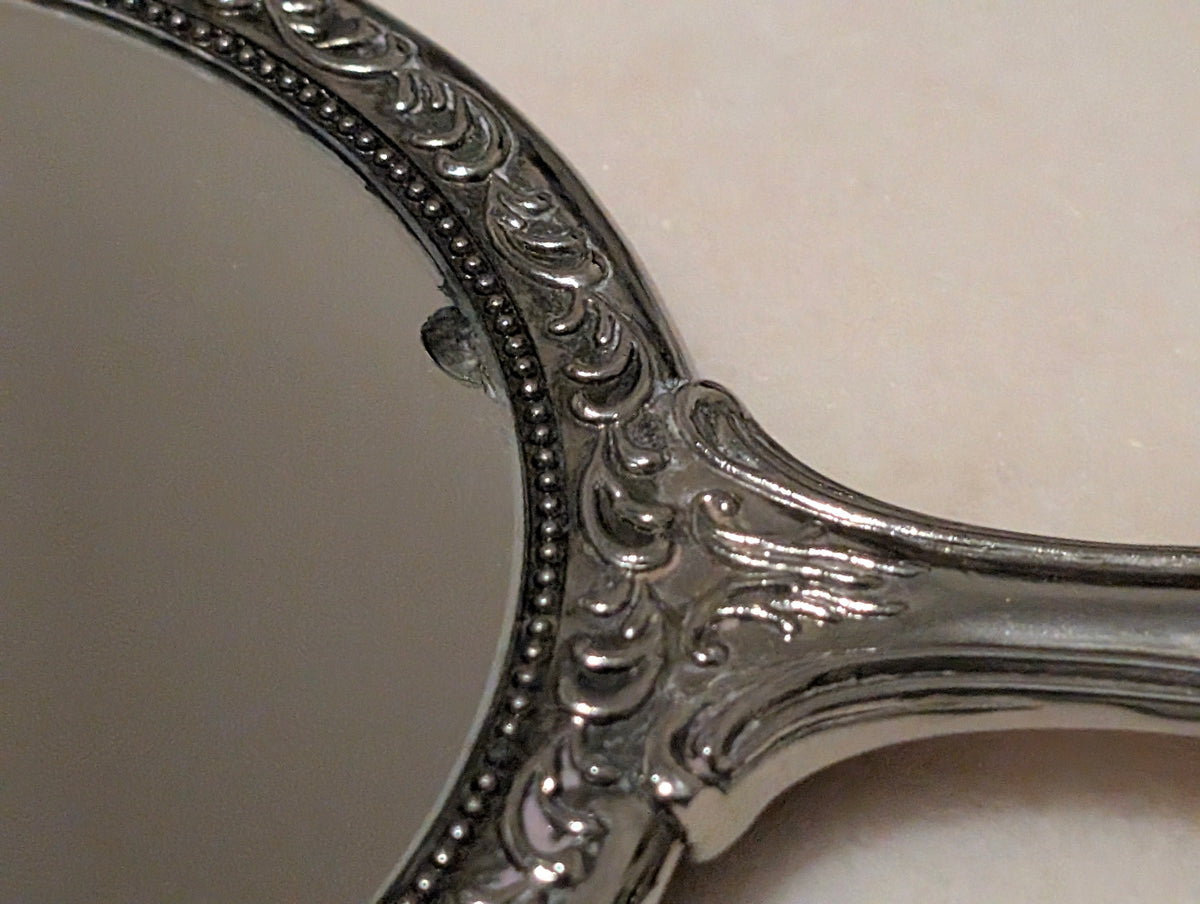 Vintage Ornate Silver Tone Hand Mirror Vanity Dressing Mirror Floral Scrollwork