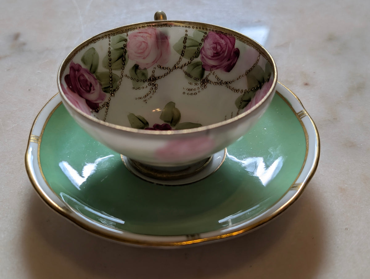 Antique Nippon Hand Printed Porcelain Teacup with Adderley Bone China Saucer – Mismatched Pair