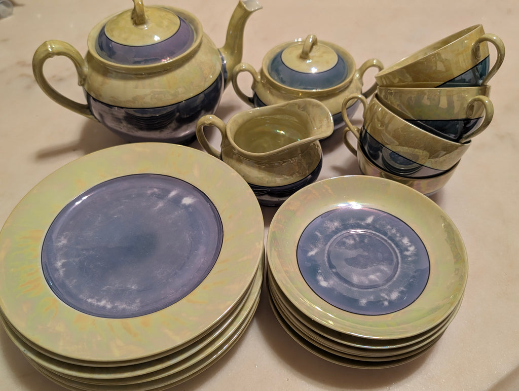 MZ Altrohlau CMR Czechoslovakia 20-Piece Lustreware Tea Set Blue Green Iridescen