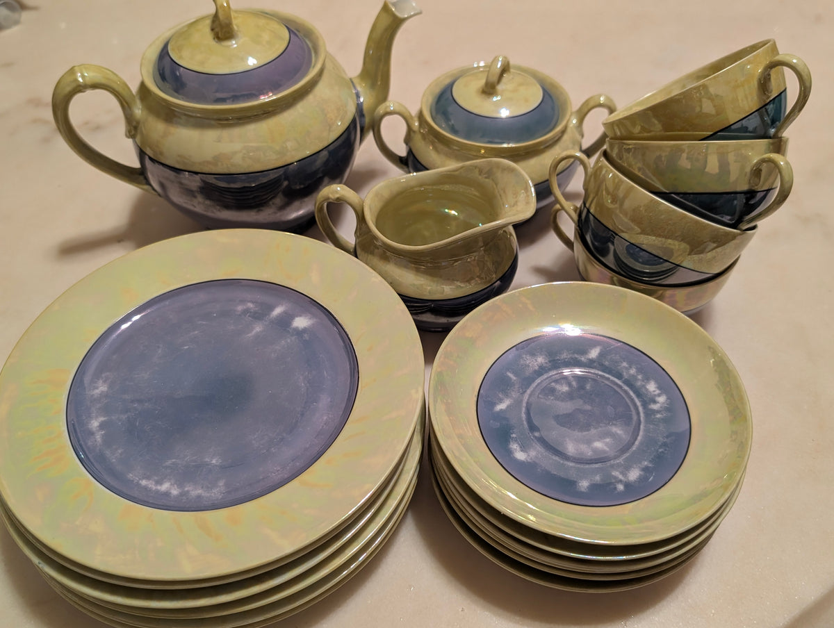 MZ Altrohlau CMR Czechoslovakia 20-Piece Lustreware Tea Set Blue Green Iridescen