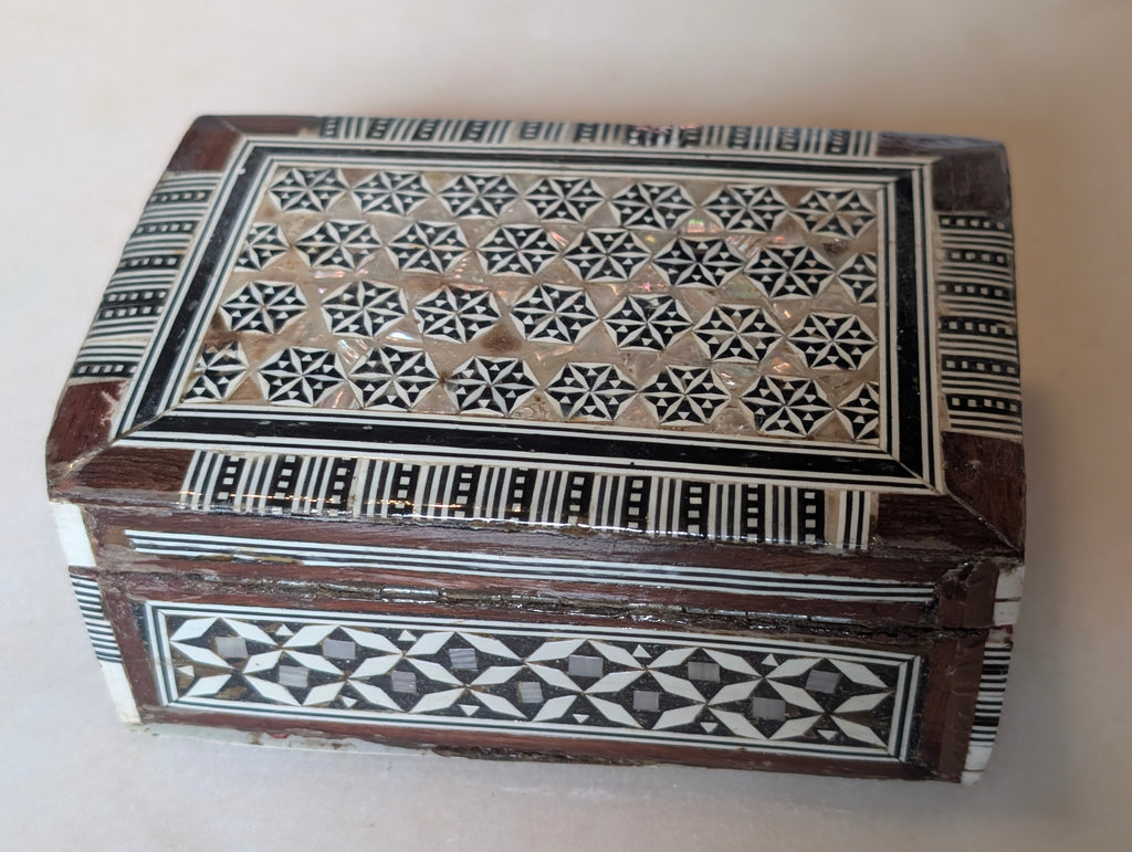 Syrian Style Mother of Pearl Inlay Wood Jewelry Trinket Box Red Velvet Lined