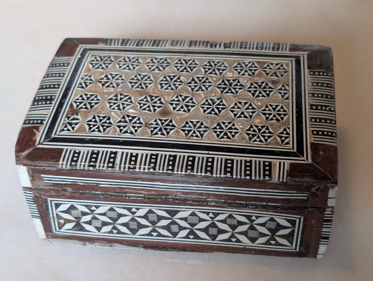Syrian Style Mother of Pearl Inlay Wood Jewelry Trinket Box Red Velvet Lined