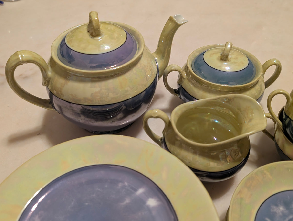 MZ Altrohlau CMR Czechoslovakia 20-Piece Lustreware Tea Set Blue Green Iridescen
