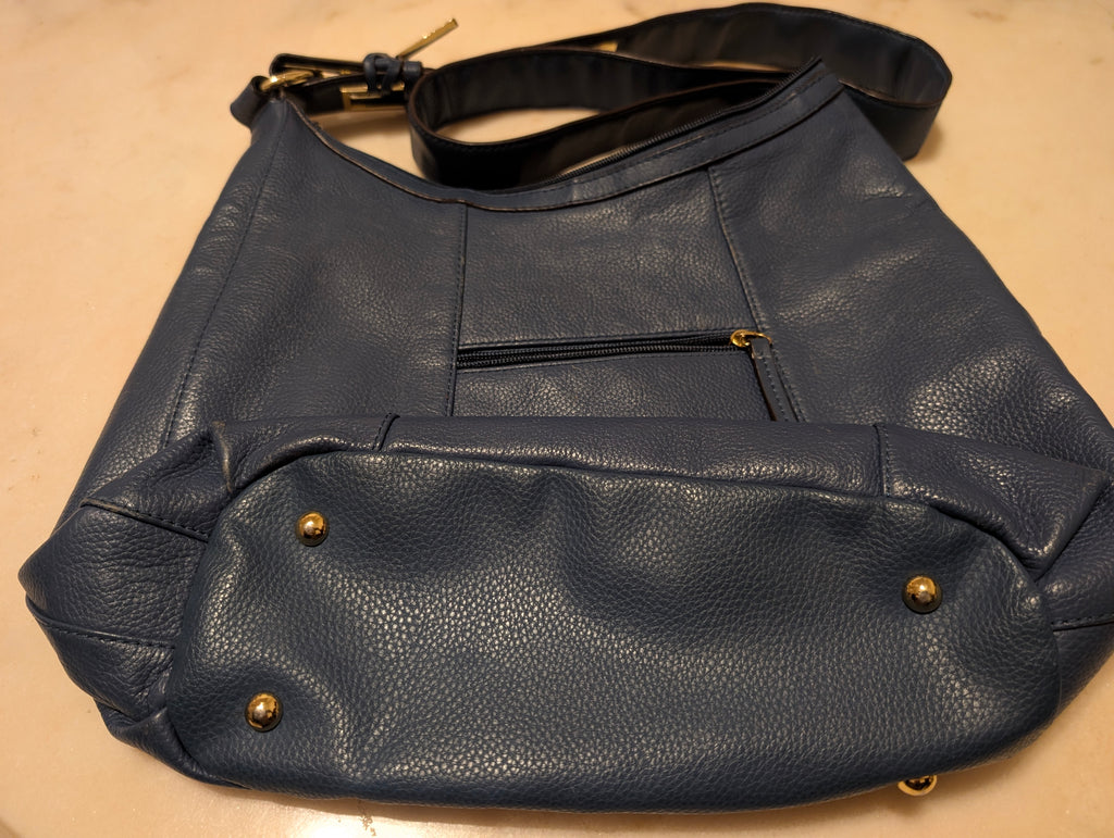 Tignanello Blue Pebbled Leather Boho Shoulder Bag Gold Hardware Large Handbag