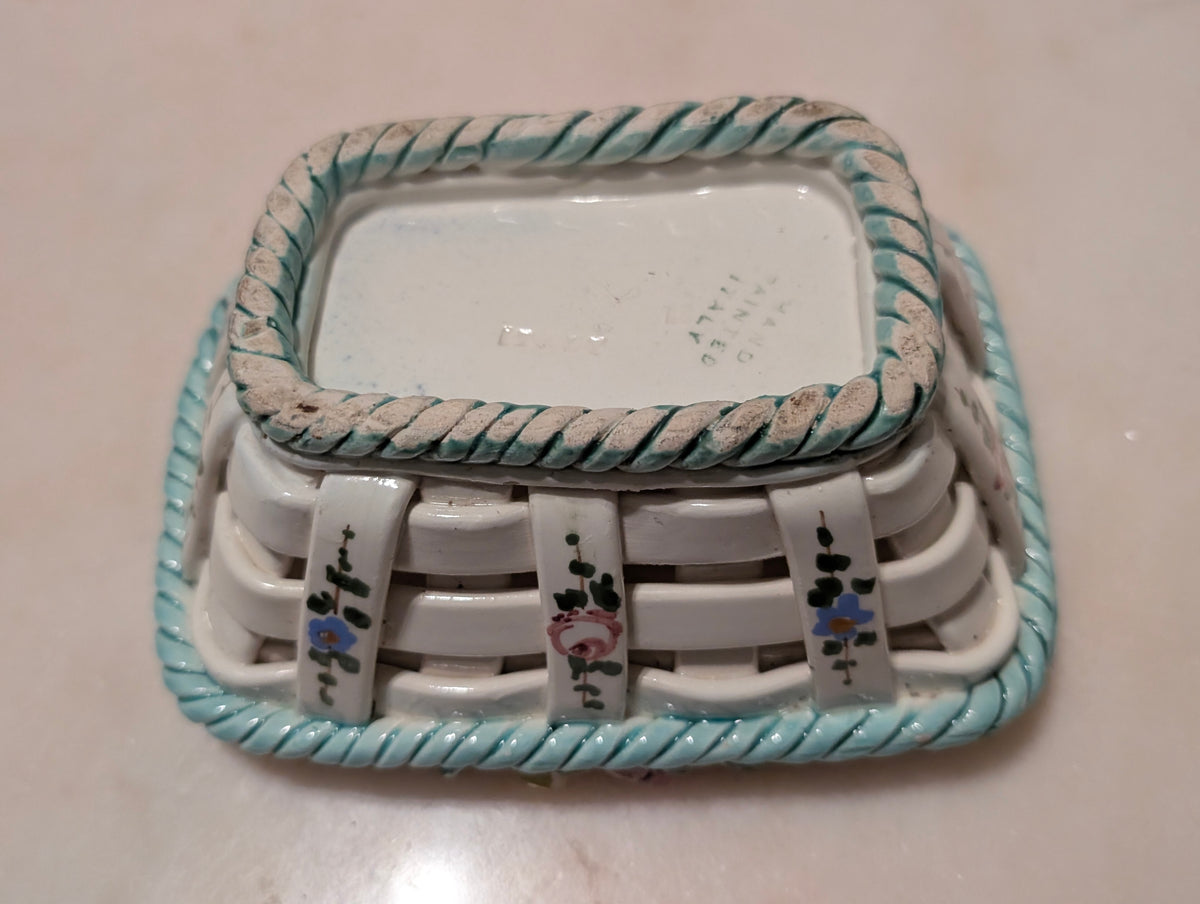 Vintage Hand Painted Italian Ceramic Lattice Basket with Roses and Floral