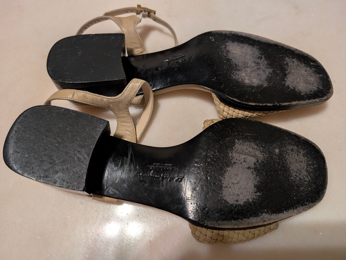 Salvatore Ferragamo Woven Leather Sandals Beige Italy Size 7B