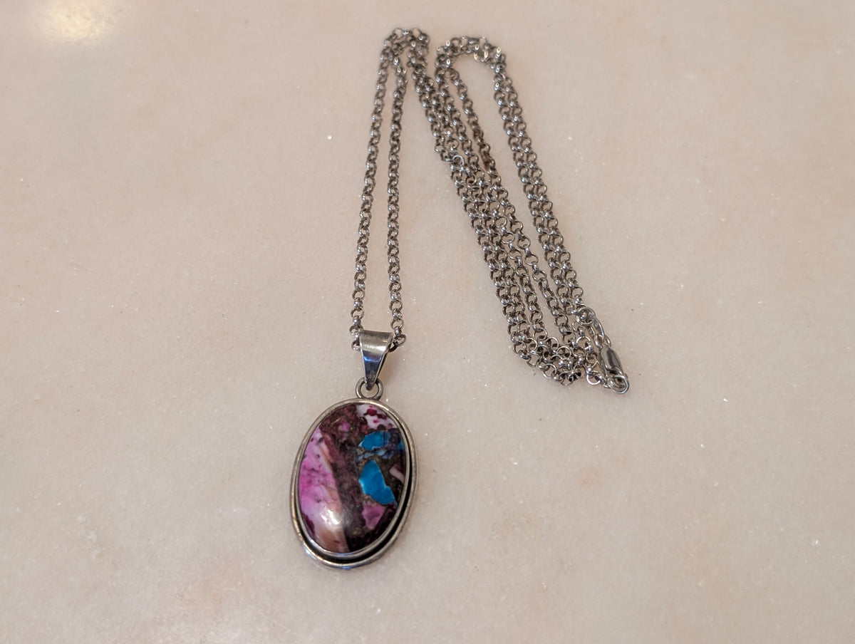 Sterling Silver 925 Oval Pendant Necklace – Colorful Composite Turquoise and Majove Style Stone