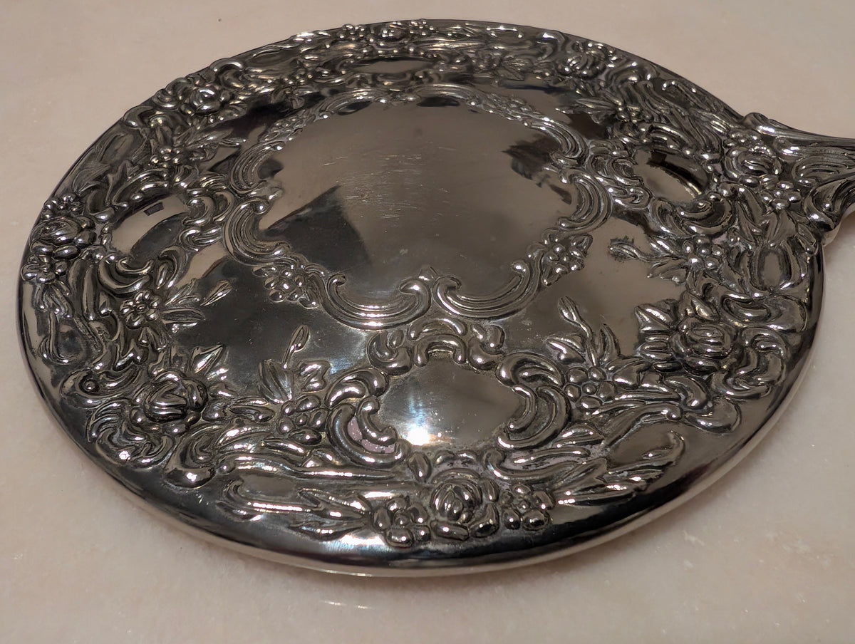 Vintage Ornate Silver Tone Hand Mirror Vanity Dressing Mirror Floral Scrollwork