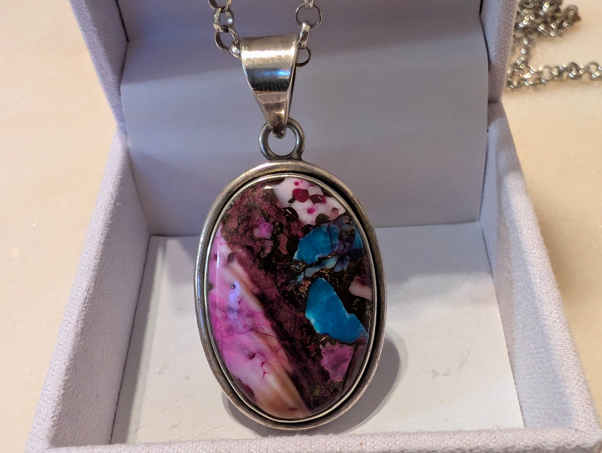 Sterling Silver 925 Oval Pendant Necklace – Colorful Composite Turquoise and Majove Style Stone