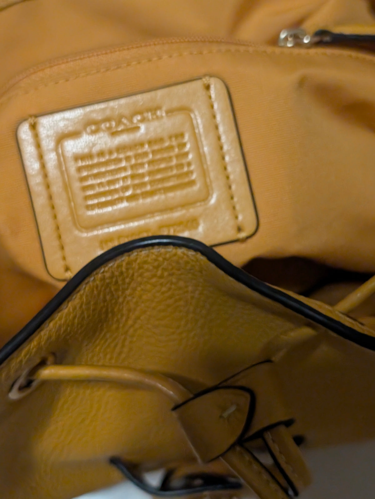 Coach F72645 Mustard Yellow Pebbled Leather Backpack Drawstring Flap Bag