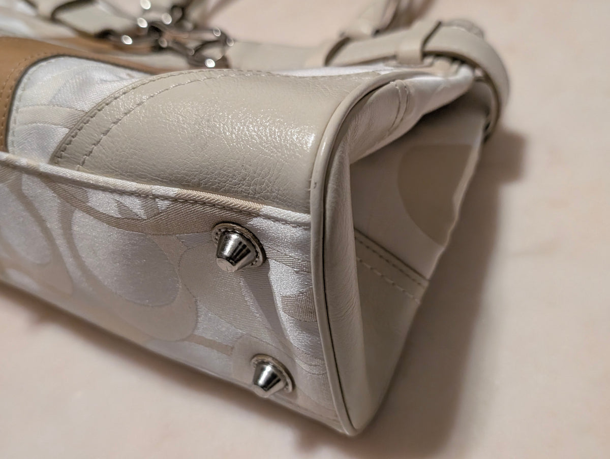 Coach Signature Jacquard Satchel Shoulder Bag Ivory Cream Tan Horsebit Leather